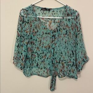 Women's Sheer Abstract Tie-Front Blouse - Multicolor